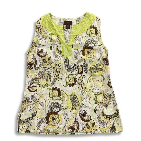 Fenn Wright Manson Linen Sleeveless Paisley Top Large Lime Green Cream & Brown - Picture 1 of 8